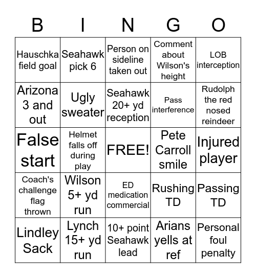 Seahawks Bingo  Bingo Card