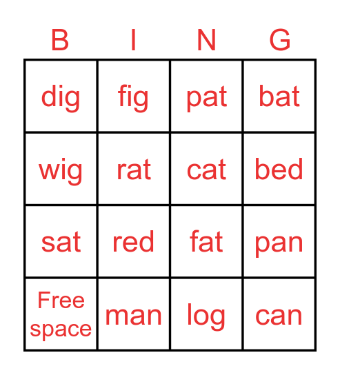 CVC Word Bingo Card