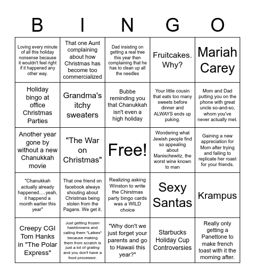 Snarky Holiday Bingo Card