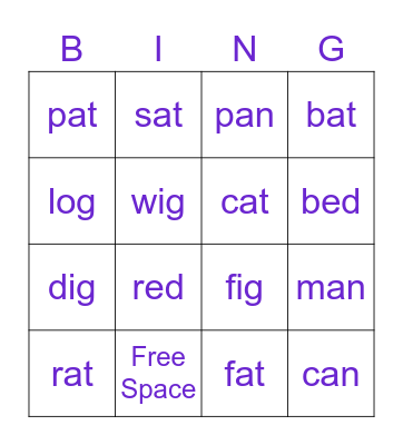 CVC Word Bingo Card