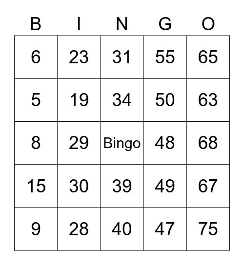Number Bingo 190 Bingo Card