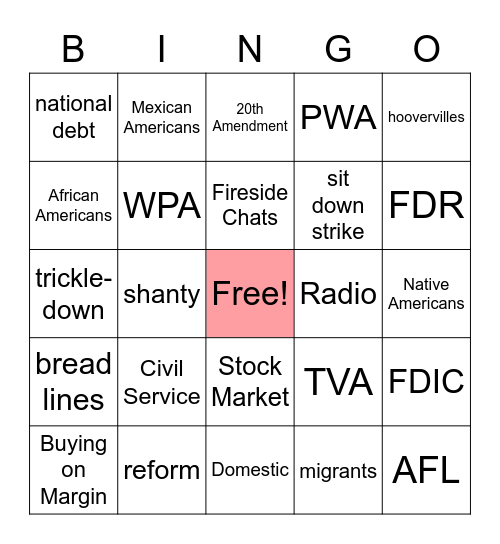 Great Depression Bingo Card