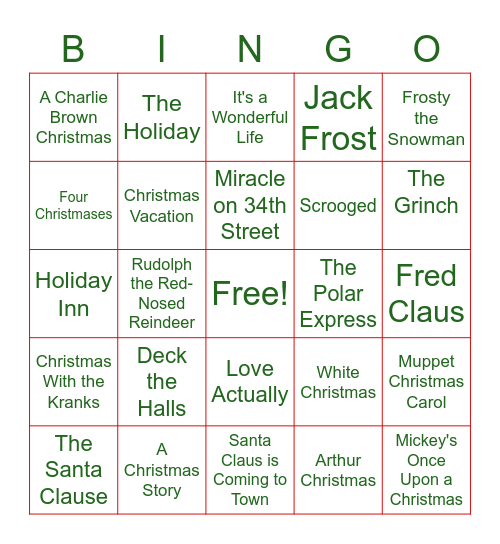 Christmas Movies Bingo Card