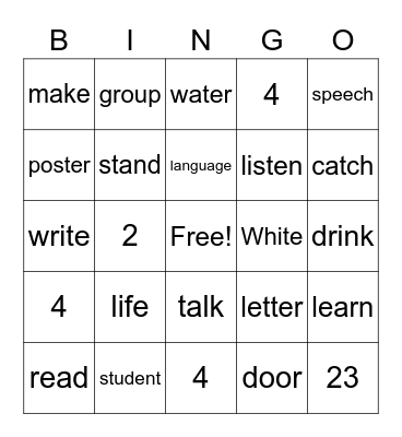 Vocabulary bingo Card