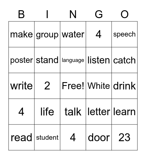 Vocabulary bingo Card