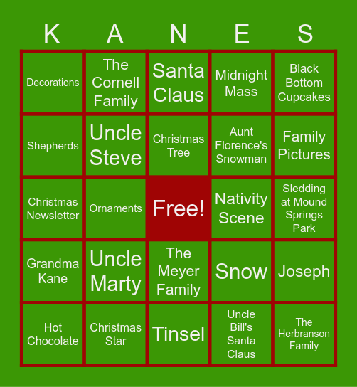 Kane Family Christmas Bingo Card