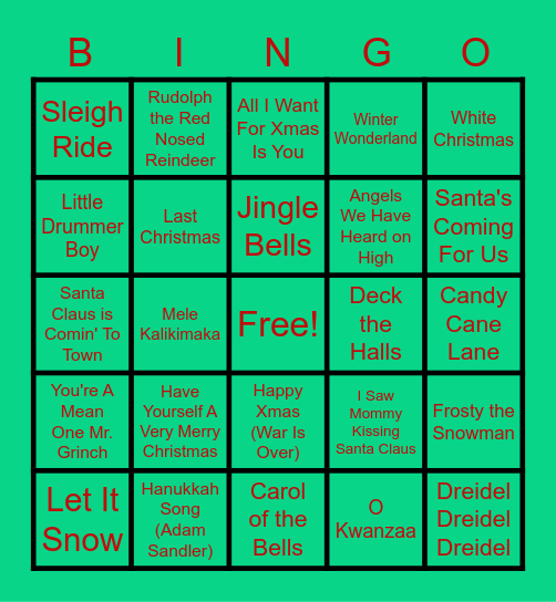 2020 Holiday Music Bingo Card