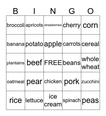 Nutrition Bingo Card