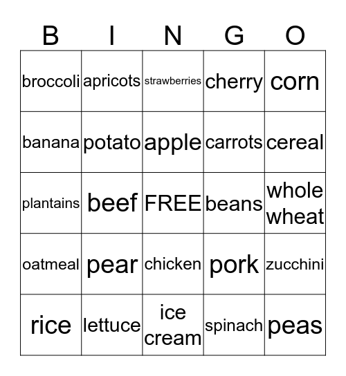 Nutrition Bingo Card