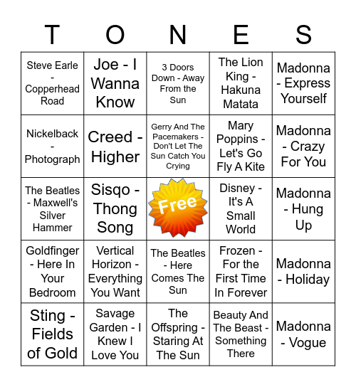 Game Of Tones 12/21/20 Game 3 Bingo Card