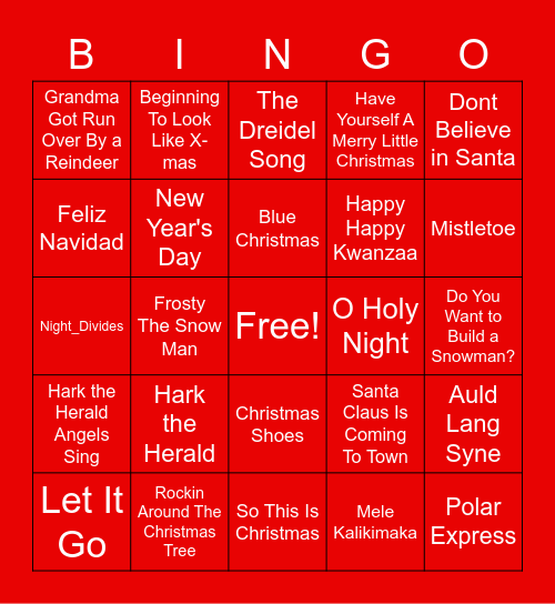 Winter Music Bingo Card