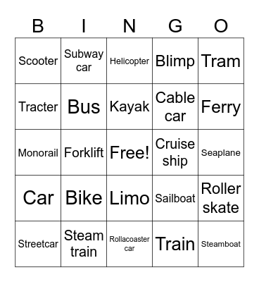 Transportation Bingo Card