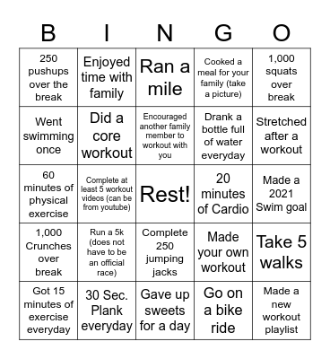 Winter Break Challenge Bingo Card