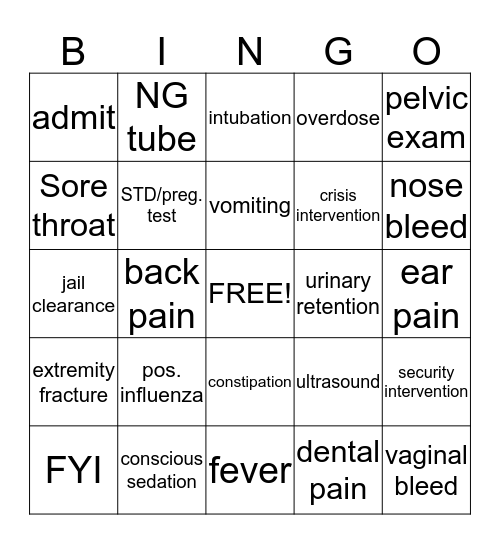 Patient Bingo Card