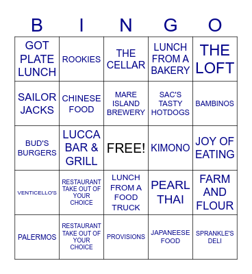 BENICIA-VALLEJO TAKE OUT BINGO Card