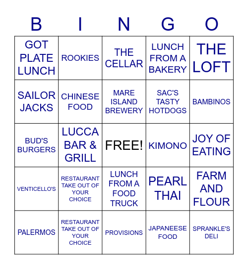 BENICIA-VALLEJO TAKE OUT BINGO Card