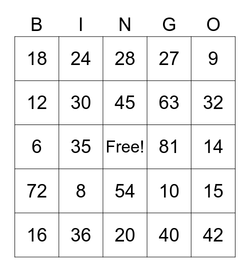 Multiplication  Bingo Card