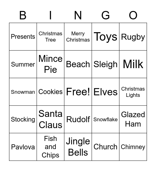 New Zealand Christmas Bingo Card