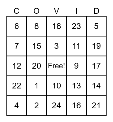 Carlton Family Bingo Card