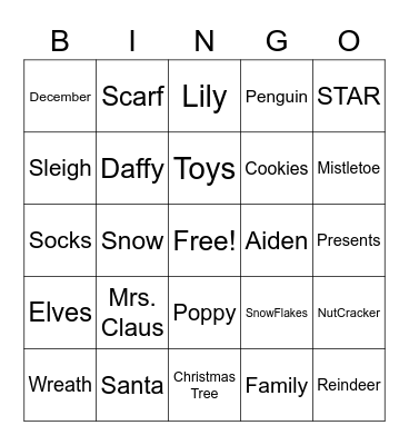 Vang Family Christmas BINGO Card
