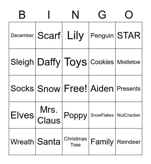 Vang Family Christmas BINGO Card