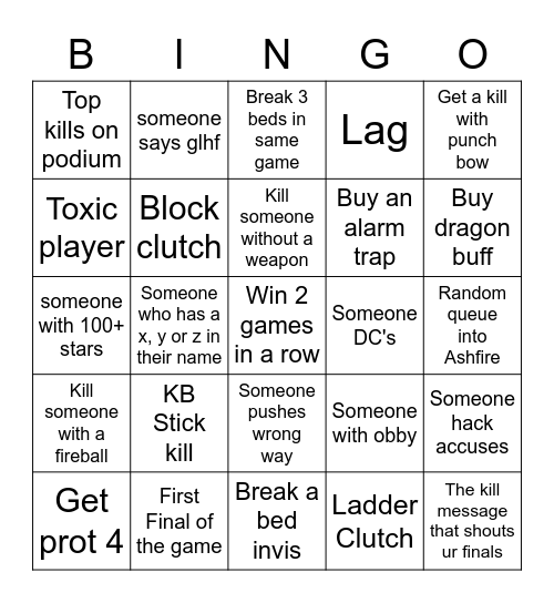 Bedwars Bingo Card