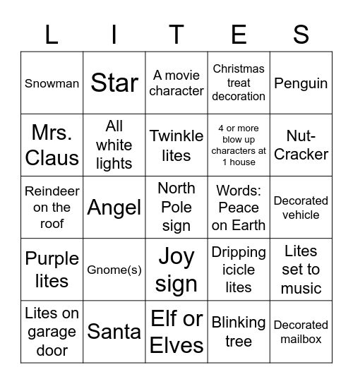 Christmas Lites 2020 Bingo Card