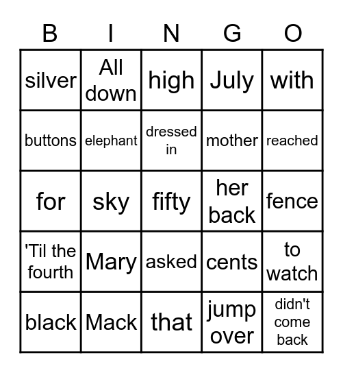 Mary Mack Bingo Card