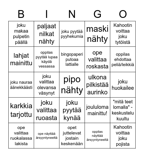 Viimeisen koulupäivän bingo! Bingo Card