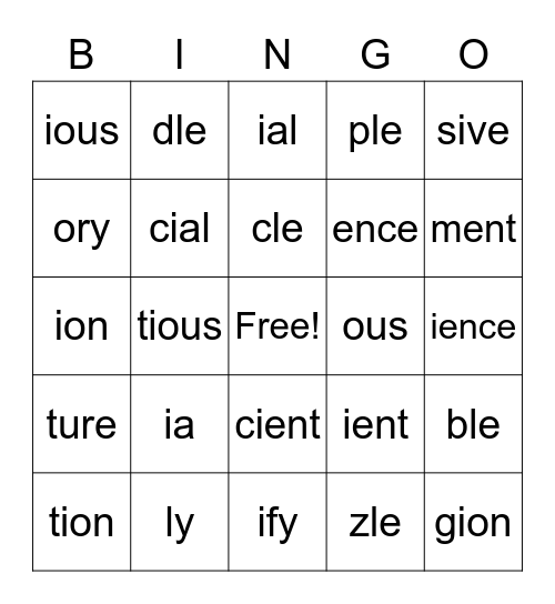 Suffix Bingo Card