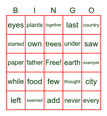 Sight Words Bingo Card