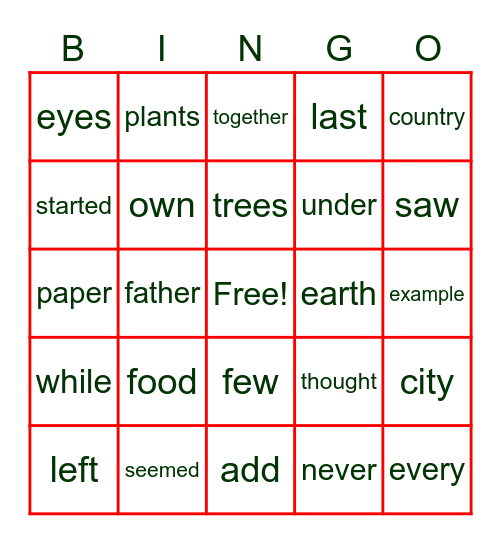 Sight Words Bingo Card