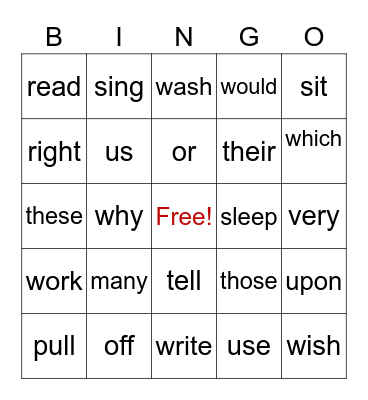 Sight Words 2 Bingo Card