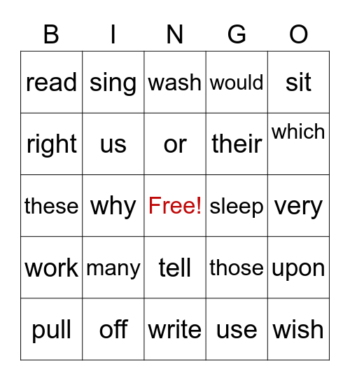 Sight Words 2 Bingo Card
