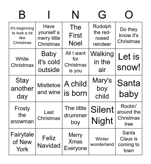 Christmas Songs Bingo Card