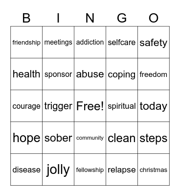 Recovery Bingo Card