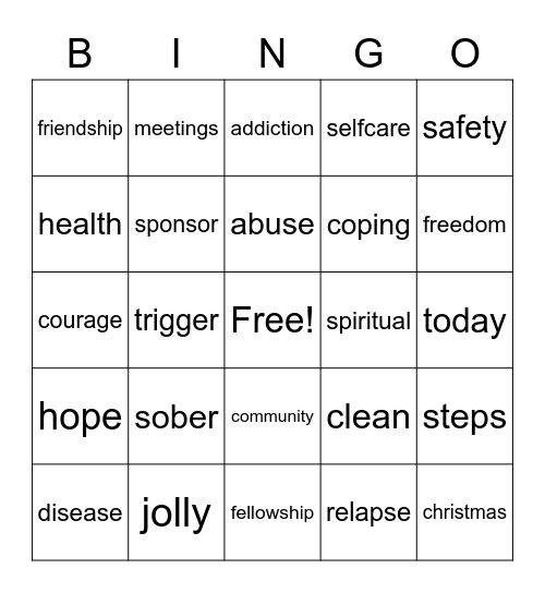 Recovery Bingo Card