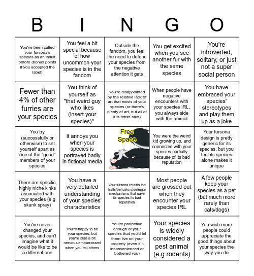 Unpopular Fursona Species Bingo Card