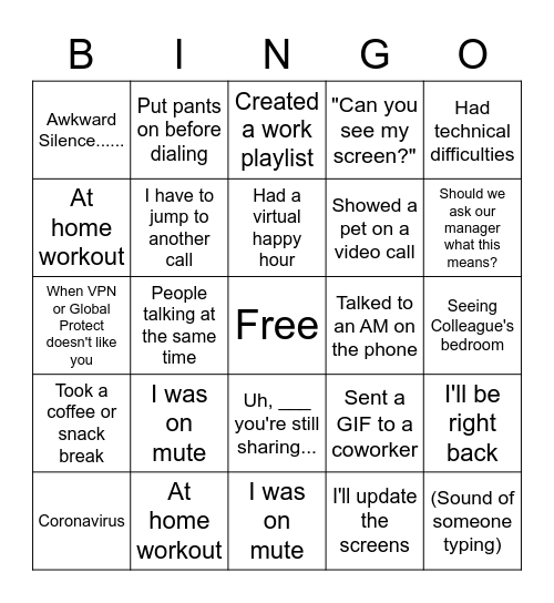 Work From Home / 2020 Bingo Card