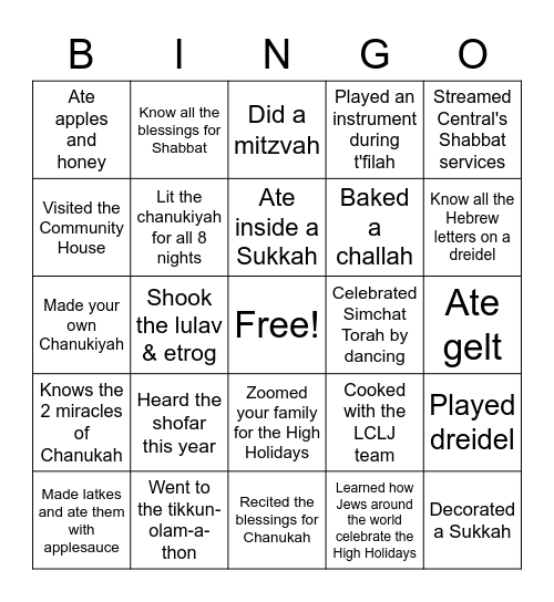 Shehecheyanu Bingo Card