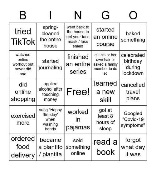 Quarantine Bingo Card