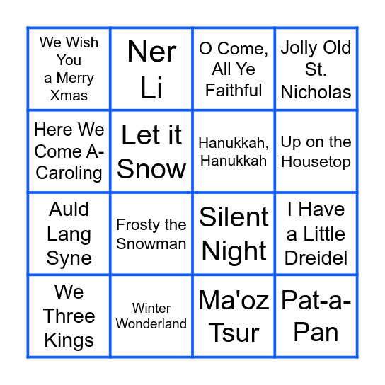 Winter Seasonal Piano Songs Bingo Card