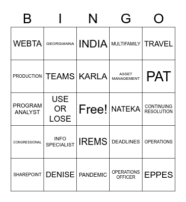 Operations Christmas Party Bingo Card