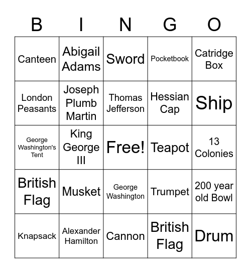 Museum of American Revolution Bingo Card