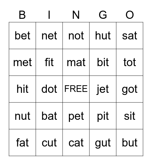 Word Family Bingo Card
