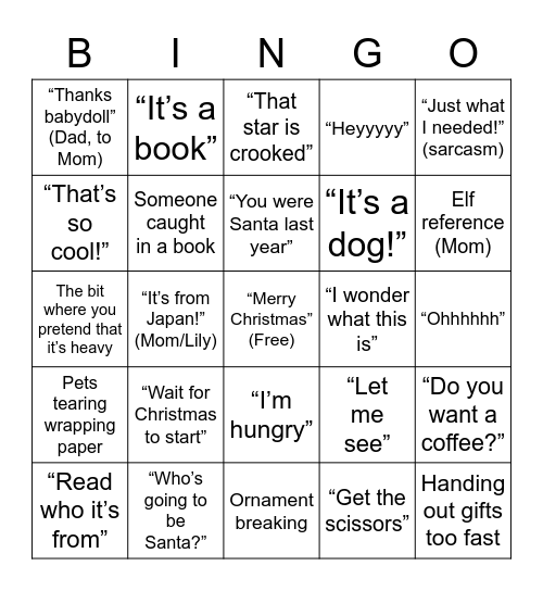 Christmas Morning Bingo Card
