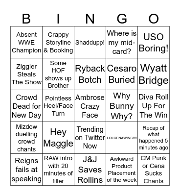 RAW Bingo Card