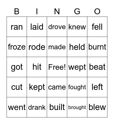 Irregular verbs Bingo Card