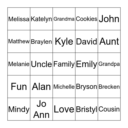 Nichols' Christmas Bingo Card