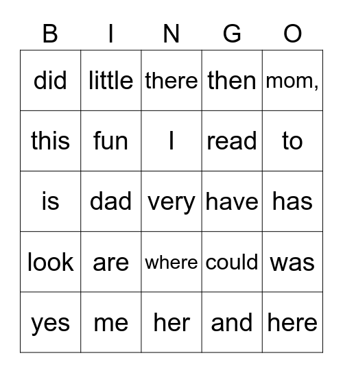 Sight Words Bingo Card